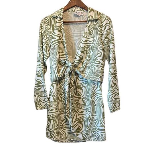 Motel Rocks Dress Long Sleeve Green White Marble Tie Front Mini Dress - Picture 2 of 6